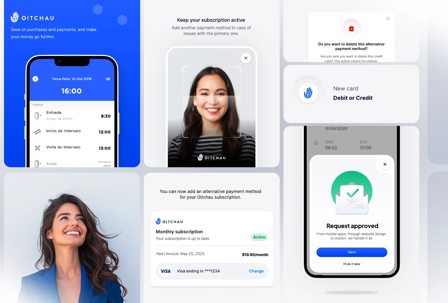 A collection of Oitchau mobile screens, interface components, and illustrated feedback states