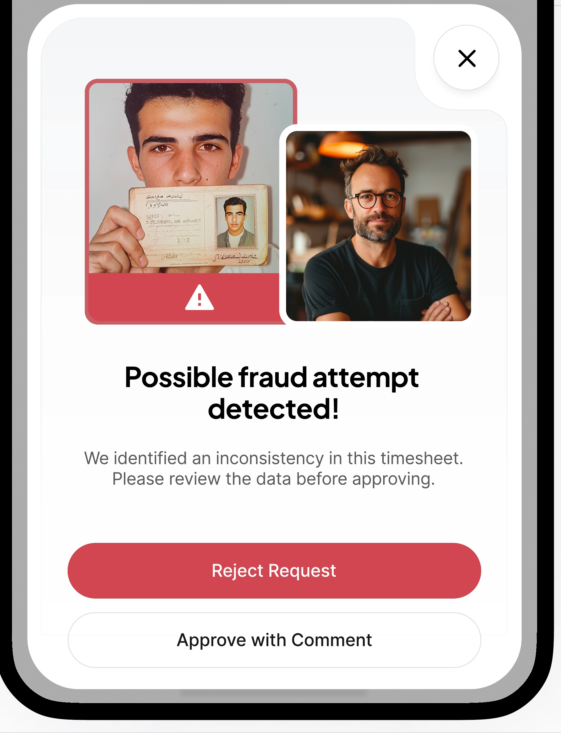Manager review screen with a possible fraud alert and options to reject or approve with a comment